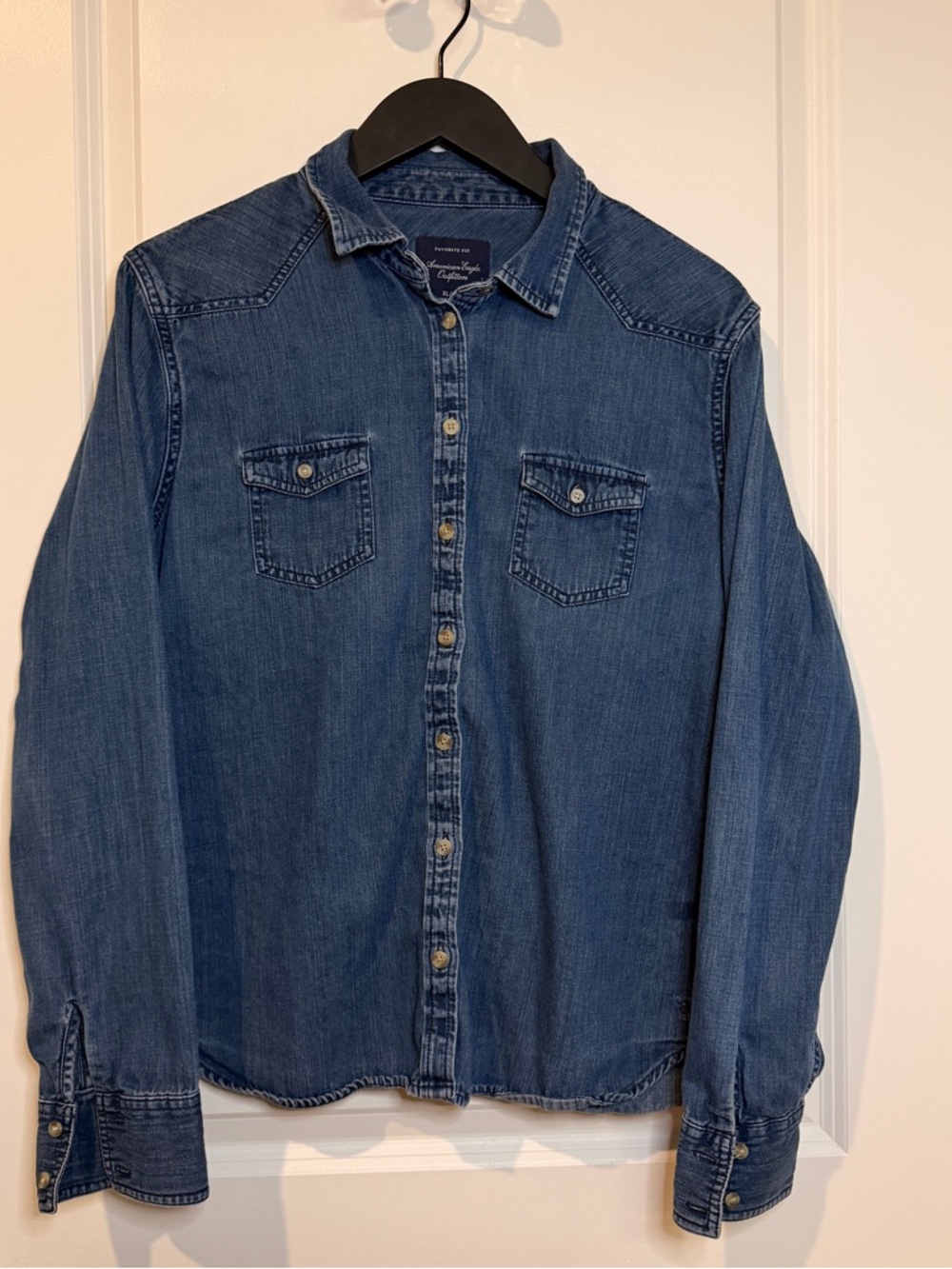 American Eagle Outfitters Dark Blue Denim Button-Up Shirt